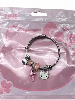 Kids Silver Charm Bracelet with Pink Hello Kitty and Ice Cream Charms